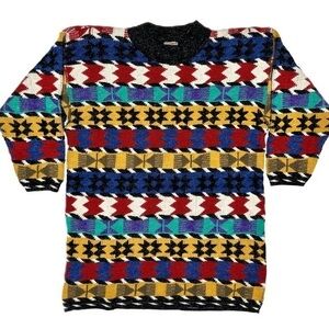 Vtg 80s French Navy Maximalist Indie Geo Funky Long Knit Tunic Sweater 16 Angora